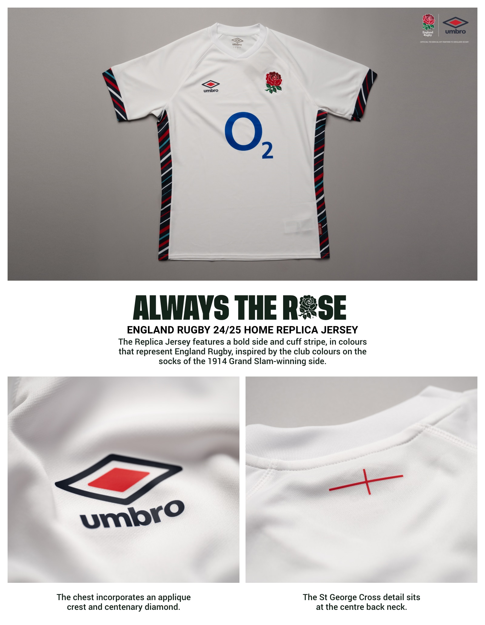 Home Kit Replica. Always the Rose. England Rugby 24/25 Home Replica Jersey. The Replica Jersey features a bold side and cuff stripe, in colours that represent England Rugby, inspired by the club colours on the socks of the 1914 Grand Slam-winning side. The chest incorporates an applique crest and centenary diamond. The St George Cross detail sits at the centre back neck.