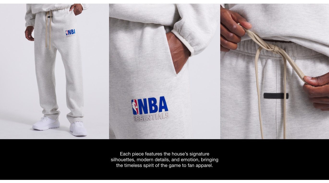 Fear of God x NBA! Shop the first drop now! Each piece features the house's signature silhouettes, modern details, and emotion, bringing the timeless spirit of the game to fan apparel.