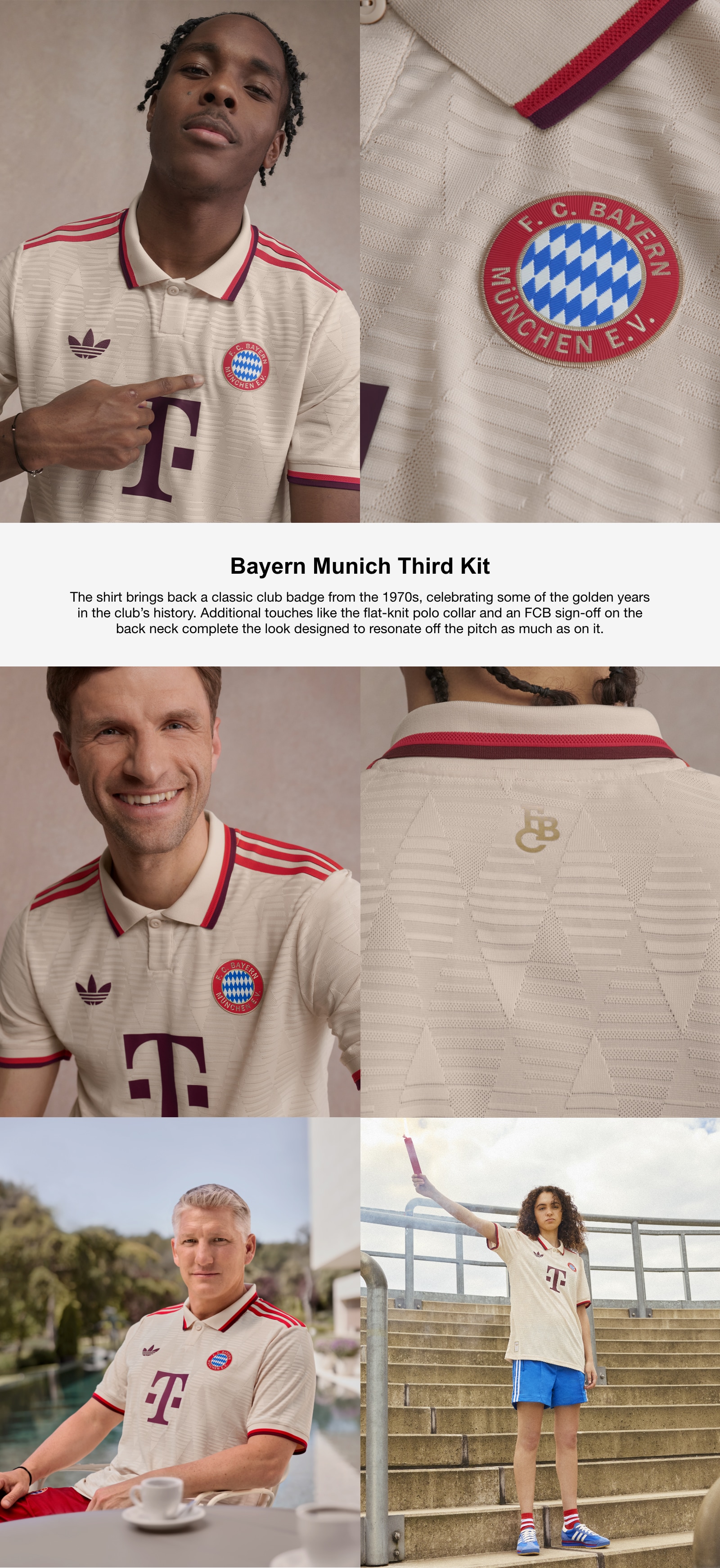 Bayern Munich Third Kit. The shirt brings back a classic club badge from the 1970s, celebrating some of the golden years in the club’s history. Additional touches like the flat-knit polo collar  and an FCB sign-off on the back neck complete the look designed to resonate off the pitch as much as on it.