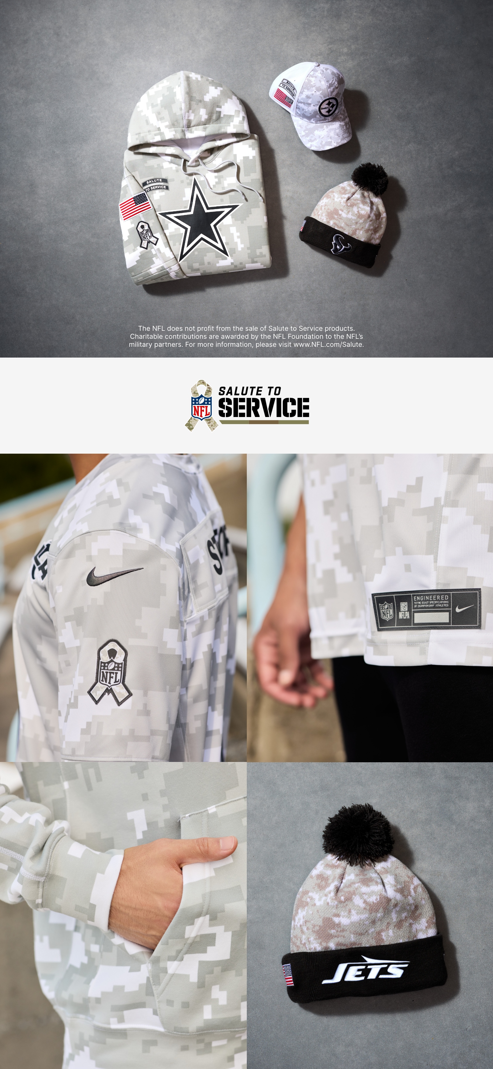 NFL Salute to Service. The NFL does not profit from the sale of Salute to Service products. Charitable contributions are awarded by the NFL Foundation to the NFL's military partners. For more information, please visit www.NFL.com/Salute.