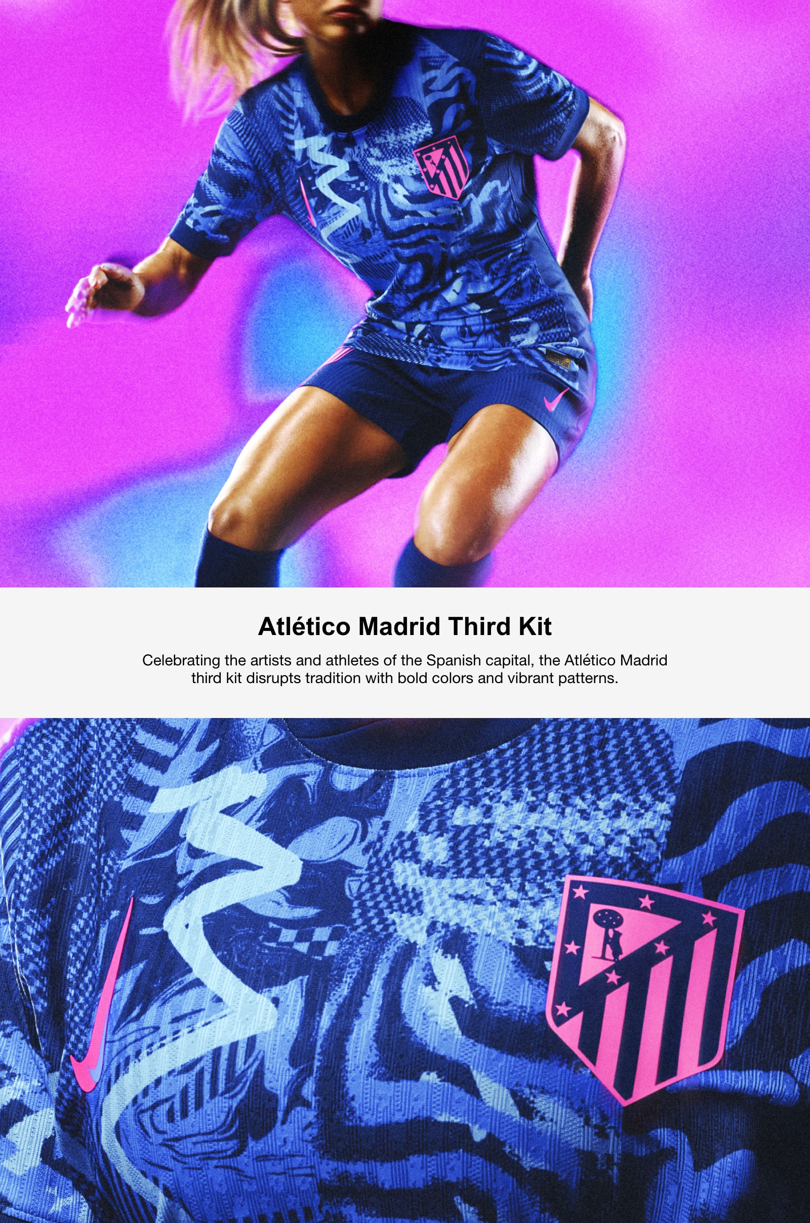 Atlético de Madrid Third Kit. Celebrating the artists and athletes of the Spanish capital, the Atlético Madrid third kit disrupts tradition with bold colors and vibrant patterns.