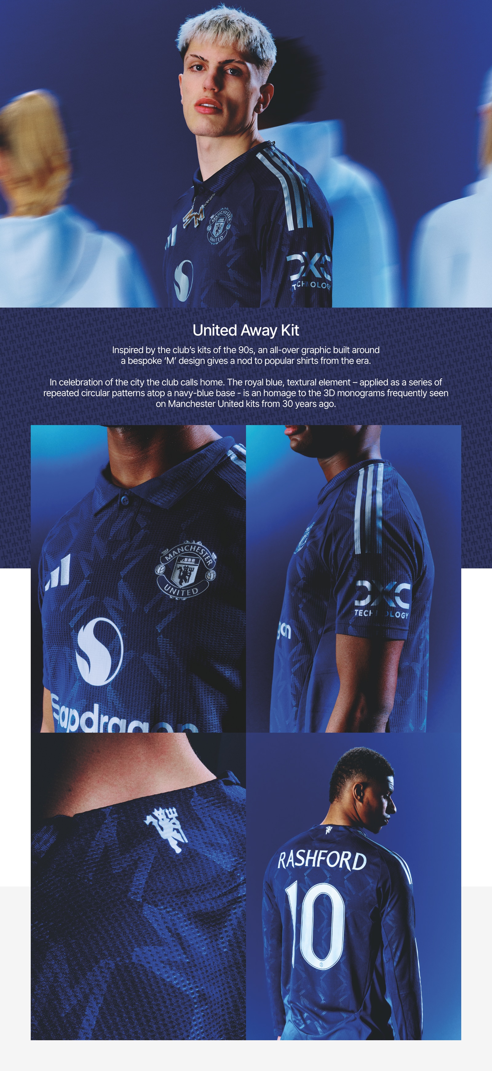 Manchester United Away Kit. Inspired by the club’s kits of the 90s, an all-over graphic built around bespoke 2M” design gives a nod to popular shirts from the era. In celebration of the city the club call home. The royal blue, textural element - applied as a series of repeated circular patterns atop a navy-blue base - is an homage to the 3D monograms frequently seen on Manchester United kits from 30 years ago.