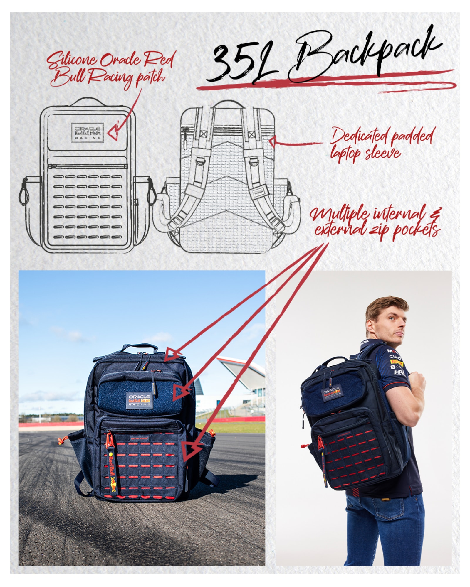 35L BACKPACK. Silicone Oracle Red Bull Racing patch. Dedicated padded laptop sleeve. Multiple internal and external zip pockets.